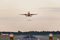 GATWICK AIRPORT, ENGLAND, UK Ã¢â¬â SEPTEMBER 13 2018: View directly down the runway as an easyJet Airlines plane takes off from Gatw